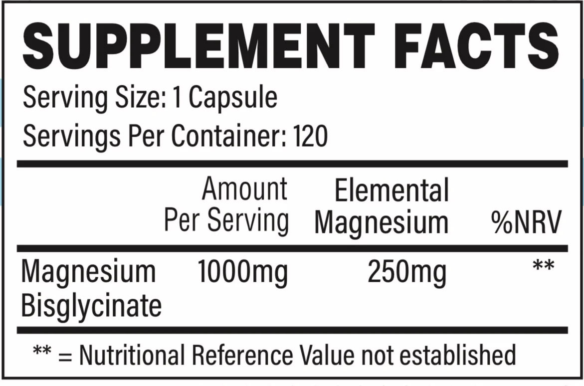 tbJP Magnesium Bisglycinate supplement facts panel showing 1000 mg magnesium bisglycinate providing 250 mg elemental magnesium per capsule