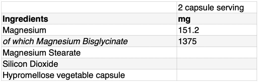 Supplement Needs Magnesium Bisglycinate ingredients table showing 151.2 mg magnesium per 2 capsule serving